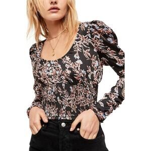 Free People Santiago Floral Print Puff Sleeve Crop Blouse Boho Top XS